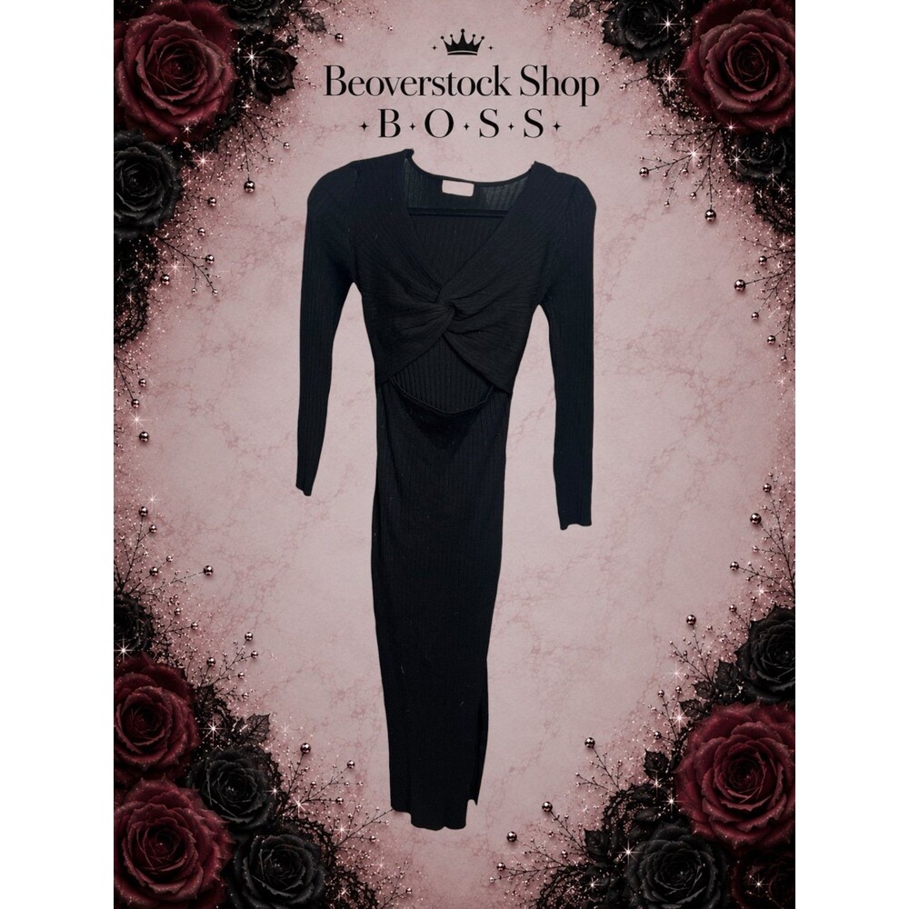 Preowned Love Always Black Ribbed Twist Front Cutout Midi Dress – Size Small